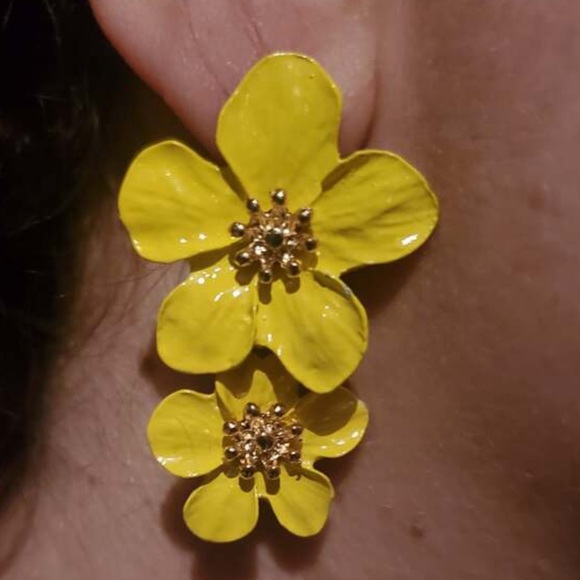 Yellow Double Flower with Gold Center, Boho, Dangle Vacation, Beach Earrings - Picture 2 of 5